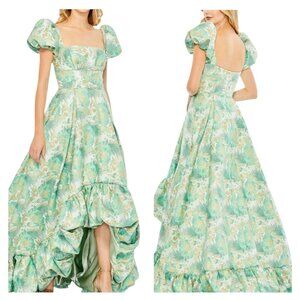 Mac Duggal 68276 Green Floral Brocade Puff Sleeve High-Low Gown 12
